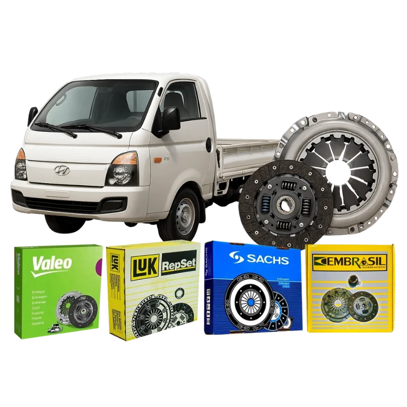 Hyundai HR ao lado de um kit de embreagem com caixas Valeo, LUK, Sachs e Embrasil